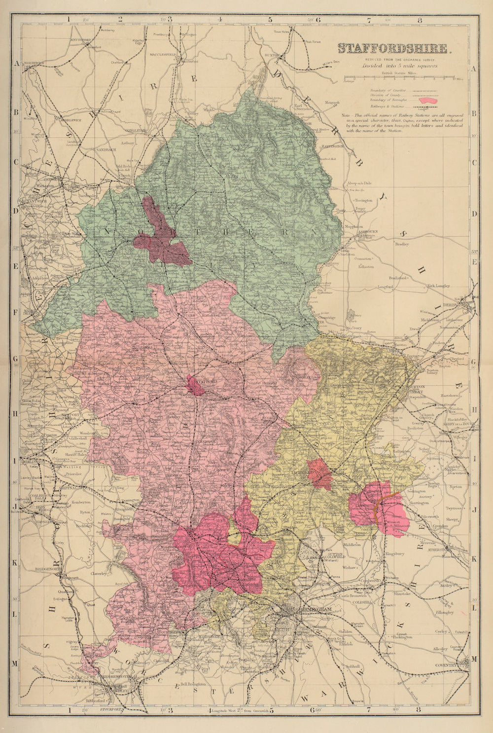 STAFFORDSHIRE antique county map by GW BACON 1883 old plan chart