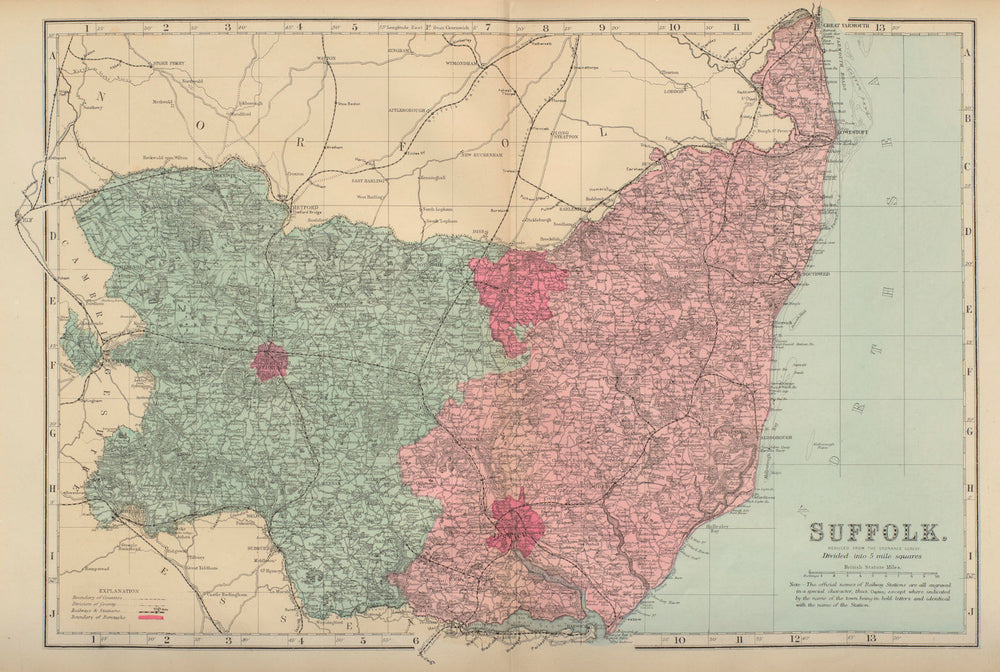 SUFFOLK antique county map by GW BACON 1883 old vintage plan chart