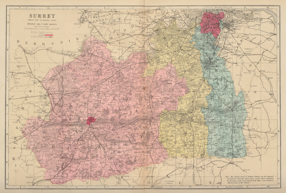 SURREY antique county map by GW BACON 1883 old vintage plan chart