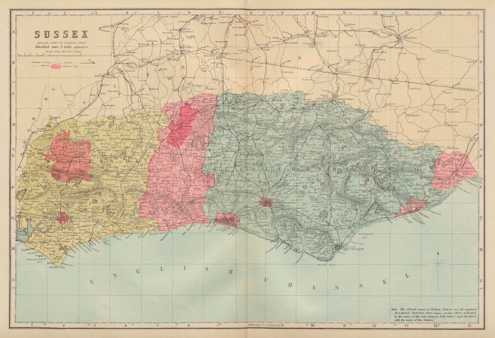 SUSSEX antique county map by GW BACON 1883 old vintage plan chart