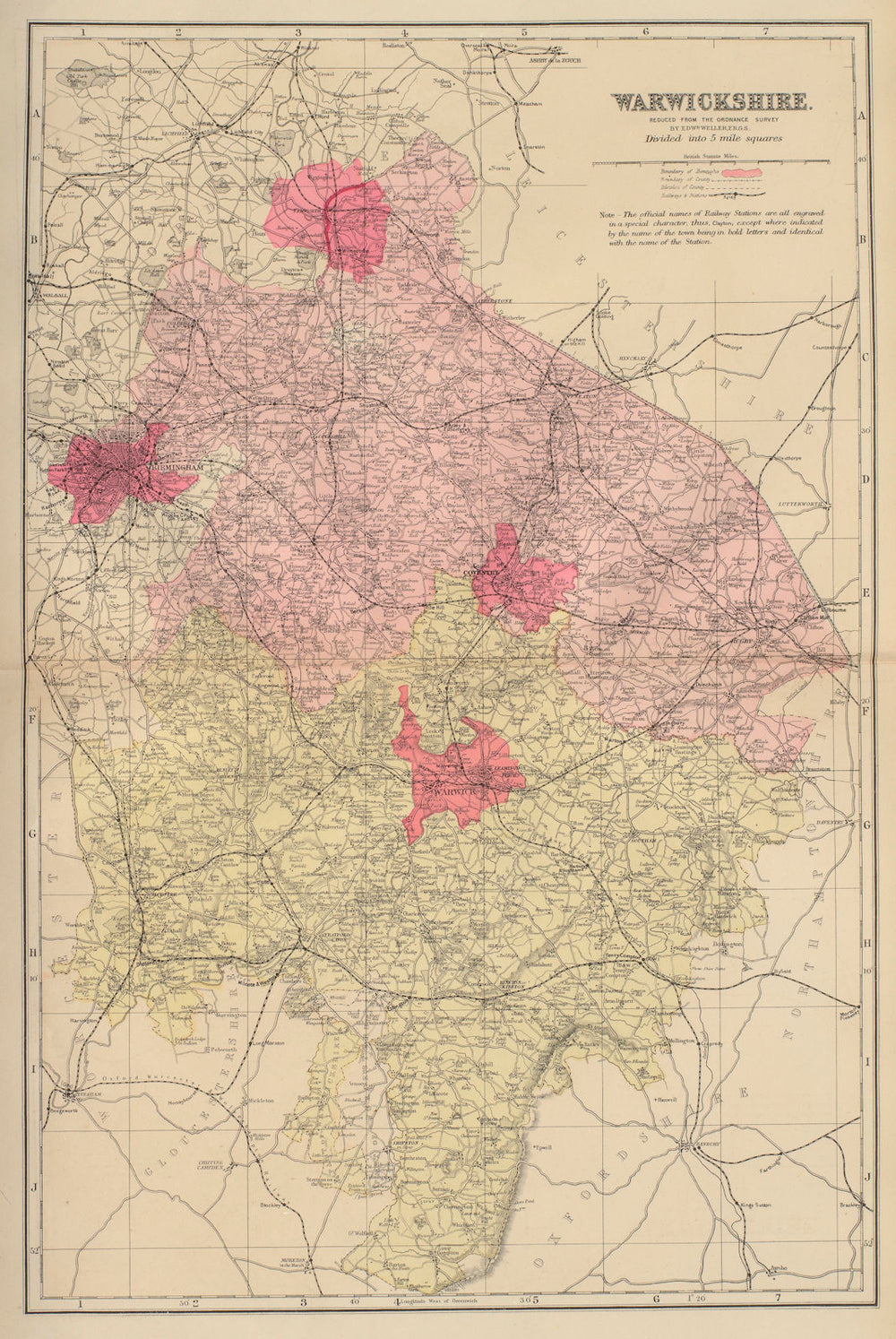 WARWICKSHIRE antique county map by GW BACON 1883 old plan chart