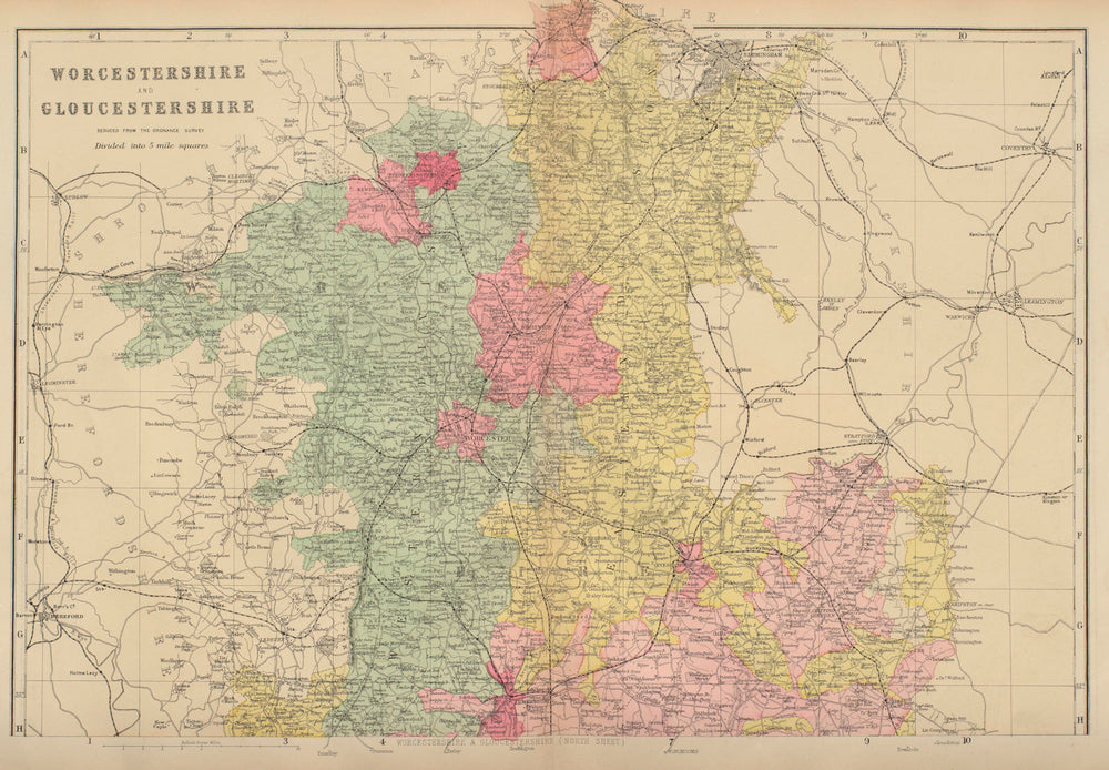 WORCESTERSHIRE & GLOUCESTERSHIRE (North) antique county map by GW BACON 1883
