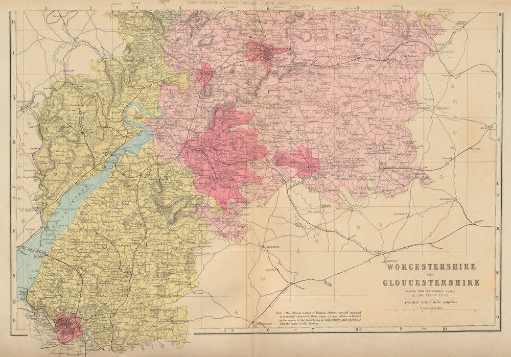 WORCESTERSHIRE & GLOUCESTERSHIRE (South) antique county map by GW BACON 1883