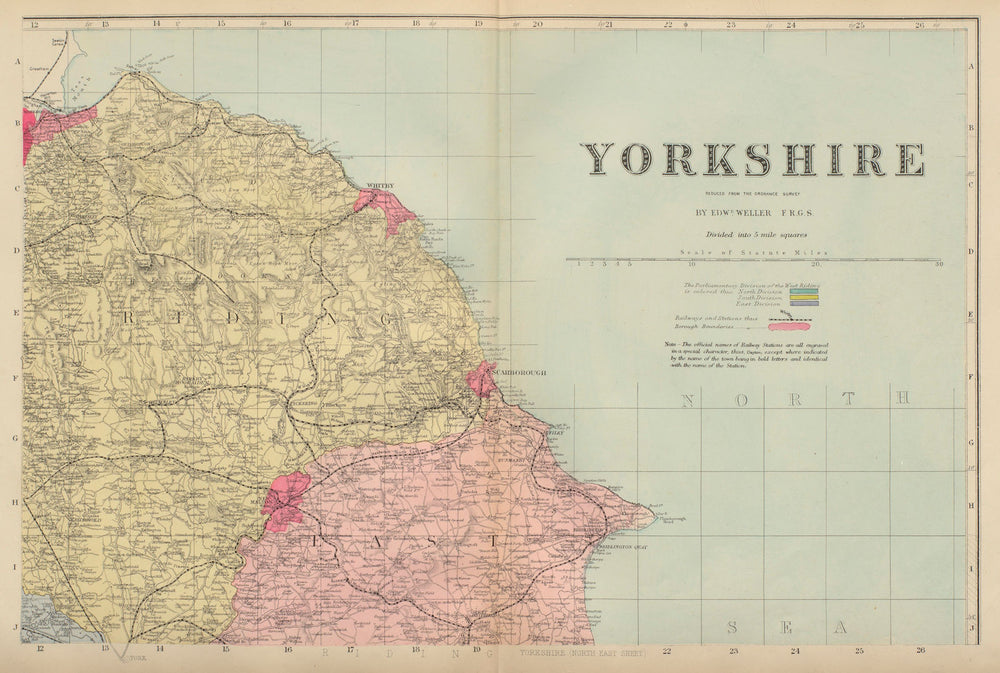 YORKSHIRE (North East) Scarborough Whitby antique county map by GW BACON 1883