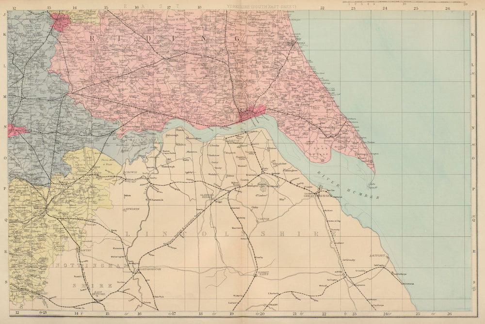 YORKSHIRE (South East) Hull York antique county map by GW BACON 1883 old