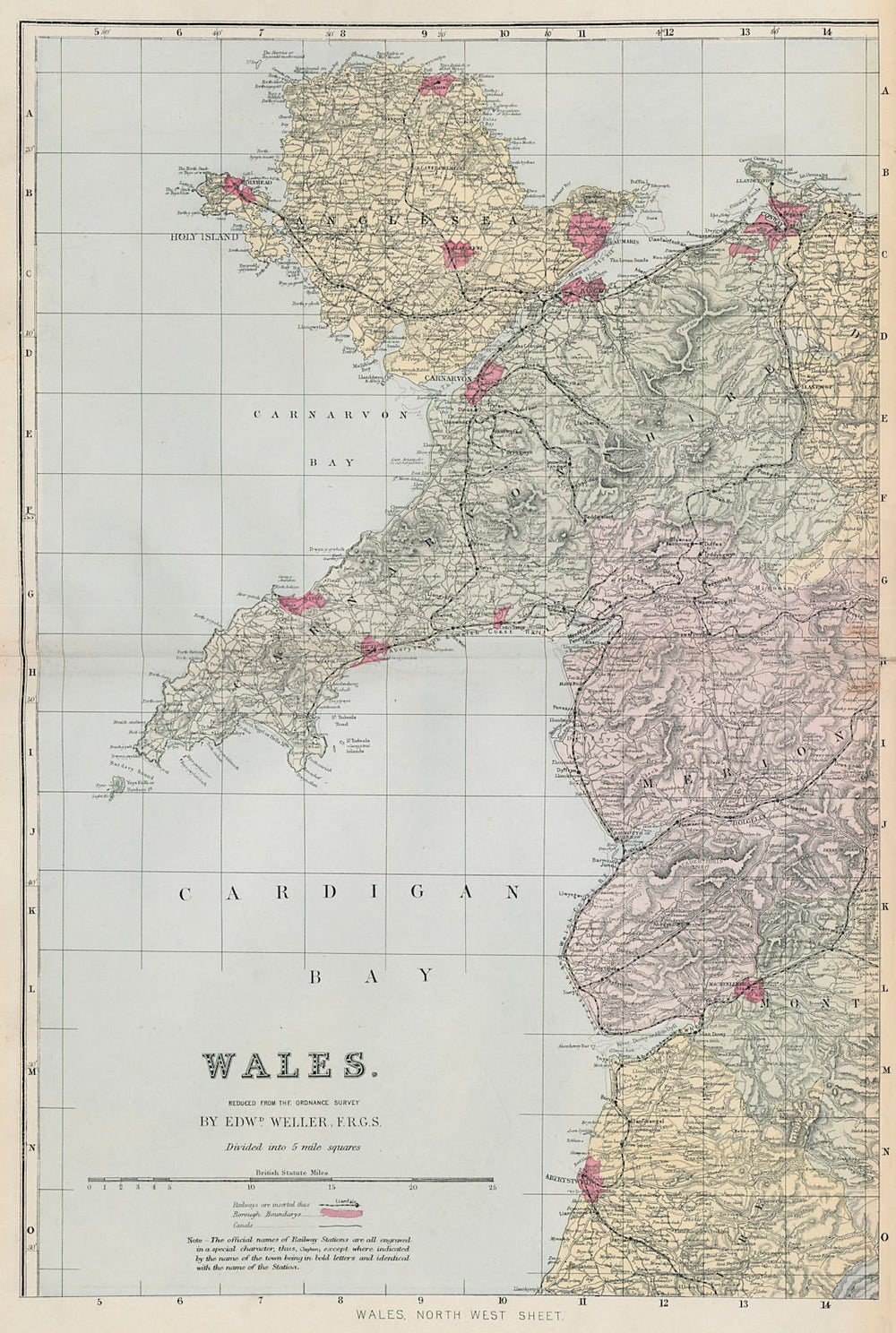 WALES (North West) Anglesey Snowdonia Gwynedd antique map by GW BACON 1883
