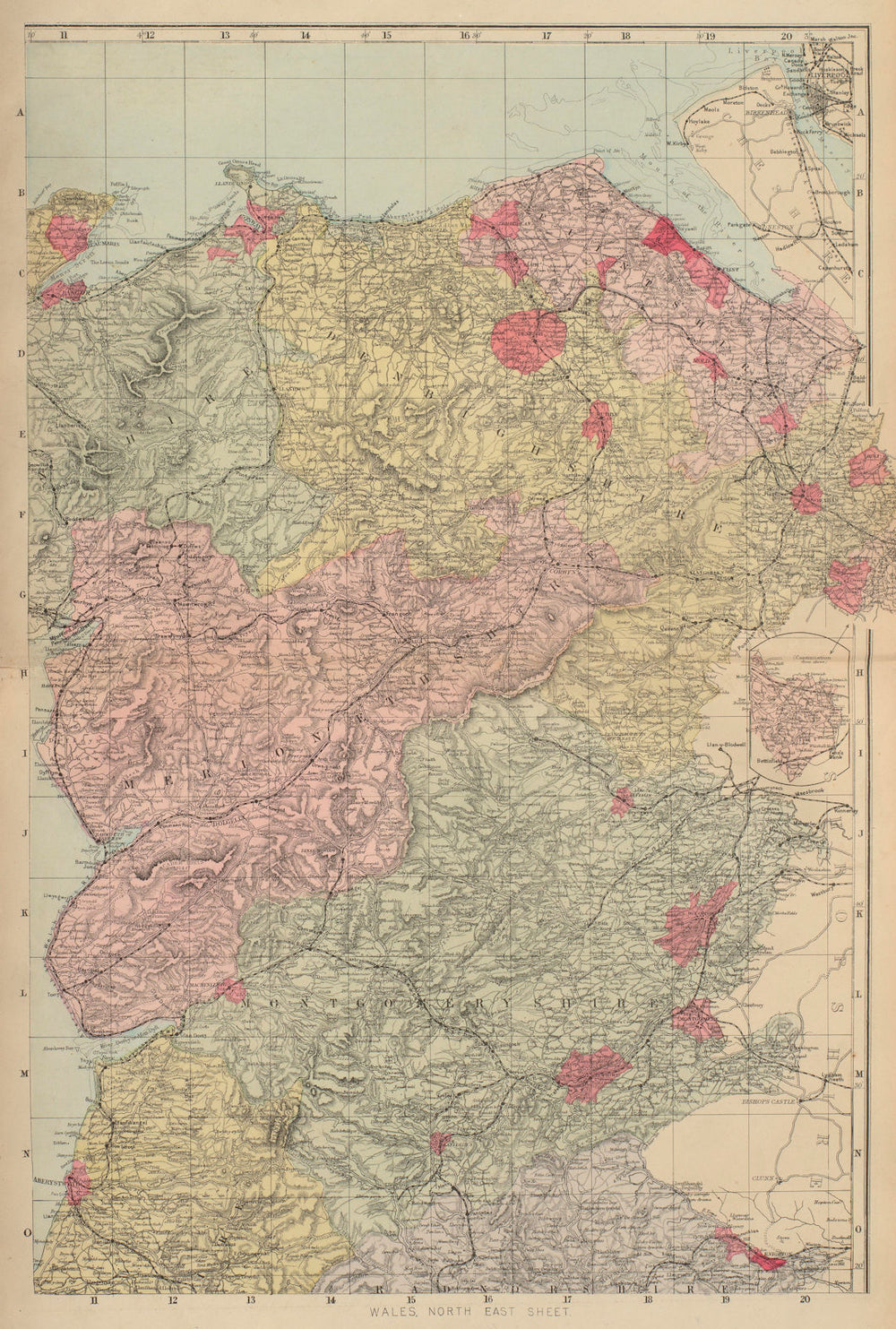 WALES (North East) Flint Denbigh Merionethshire Clywd GW BACON 1883 old map