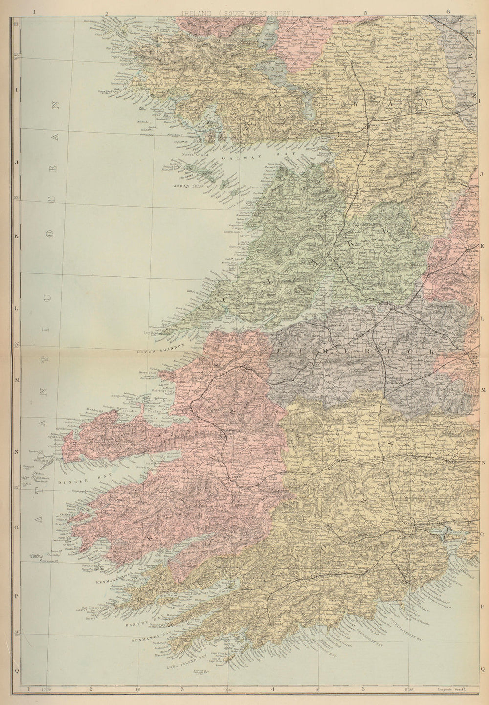 IRELAND (South West) Munster Cork Kerry Clare Limerick GW BACON 1883 old map