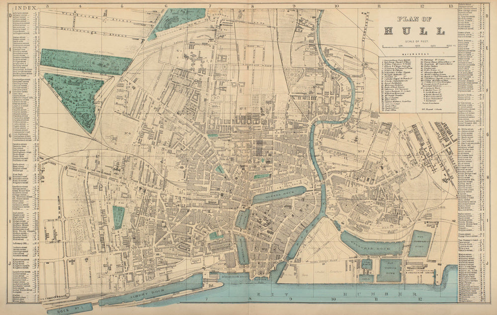 HULL Kingston Upon Hull antique town city plan by GW BACON Yorkshire 1883 map