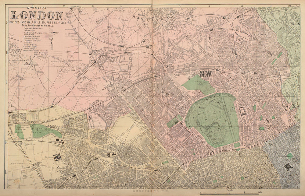 LONDON North West St John's Wood Marylebone Camden town city plan BACON 1883 map