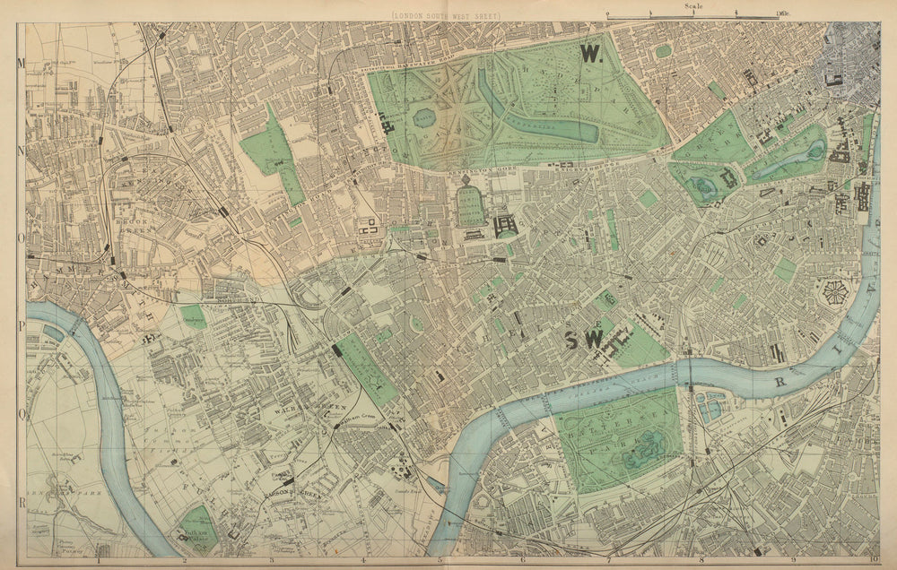 LONDON South West Kensington Chelsea Fulham Battersea city plan BACON 1883 map