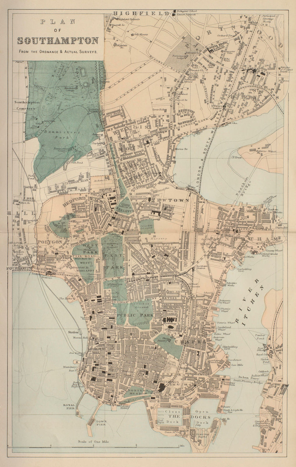 SOUTHAMPTON Northam Portswood antique town city plan by GW BACON 1883 old map