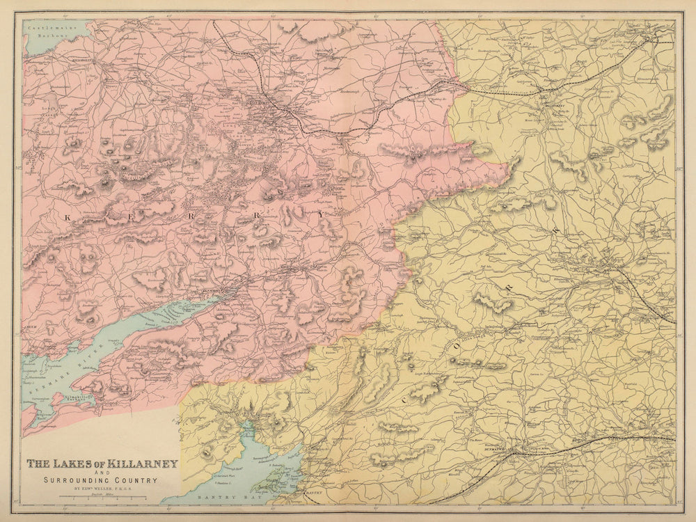 KILLARNEY LAKES Kerry Bantry Kenmare Ireland antique map by GW BACON 1883