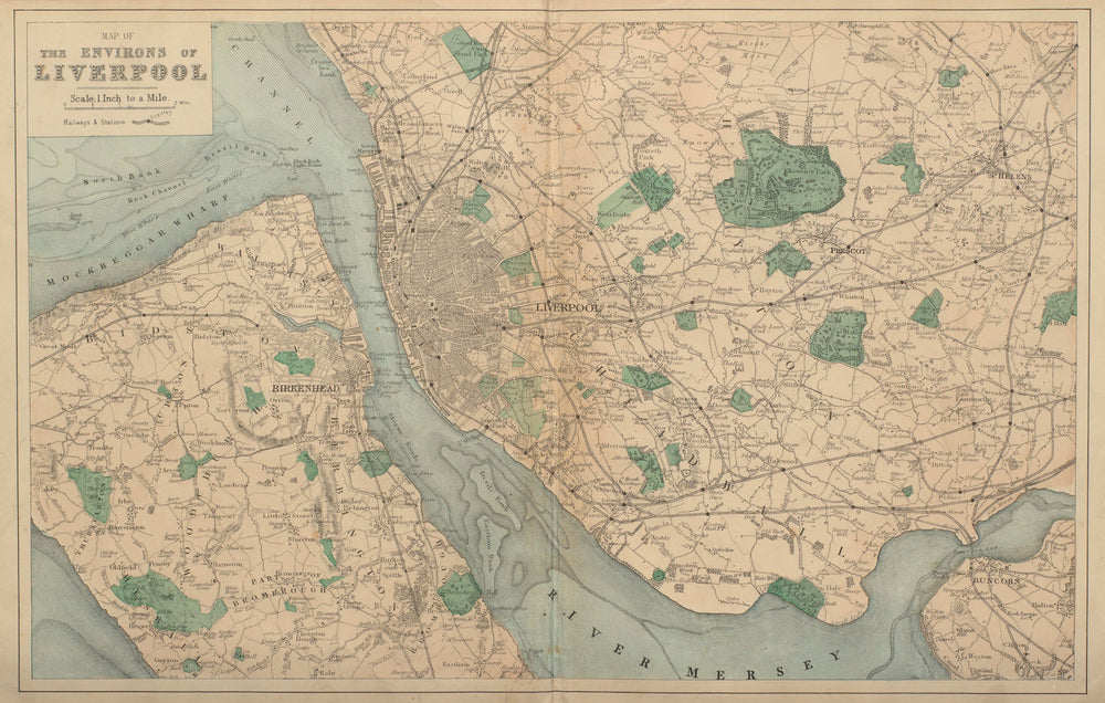 MERSEYSIDE Liverpool Birkenhead Wirral St Helens antique map by GW BACON 1883