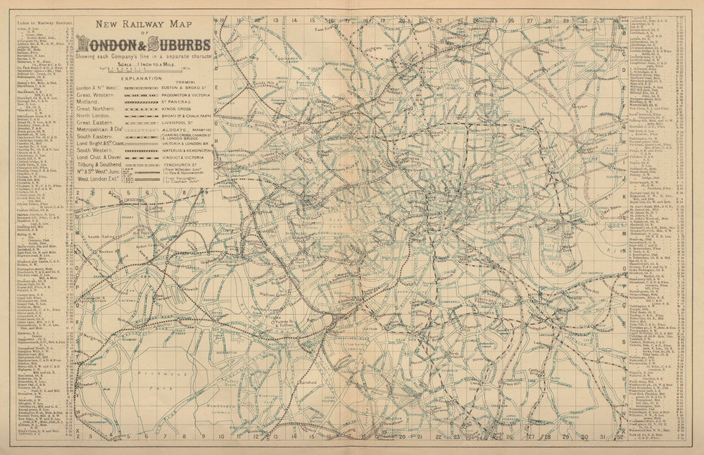 LONDON Rail & Underground Tube map antique map by GW BACON 1883 old