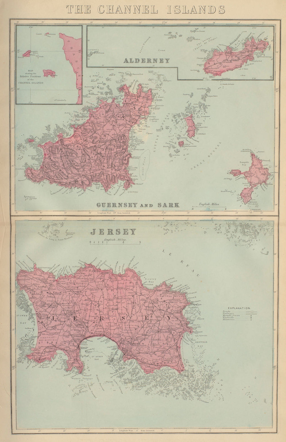 CHANNEL ISLANDS Alderney Guernsey Sark Jersey antique map by GW BACON 1883