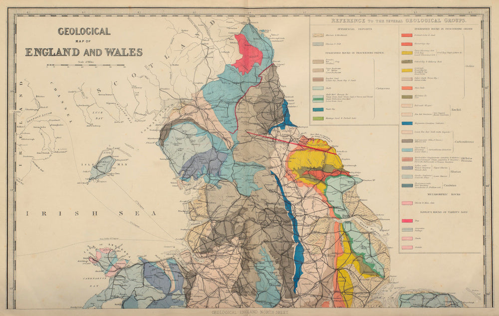 GEOLOGICAL ENGLAND & WALES (North sheet) antique map by GW BACON 1883 old