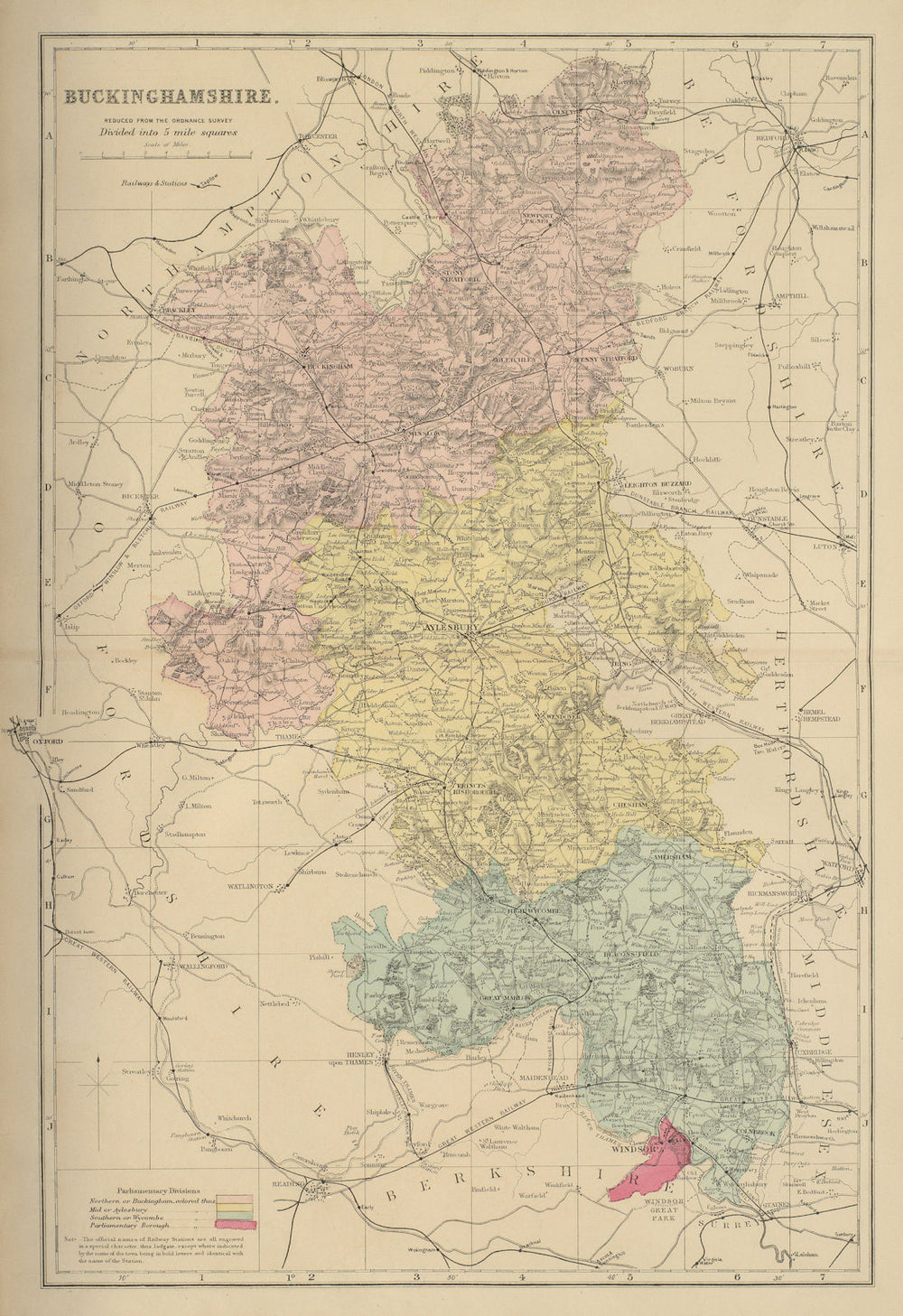 BUCKINGHAMSHIRE antique county map by GW BACON 1885 old plan chart