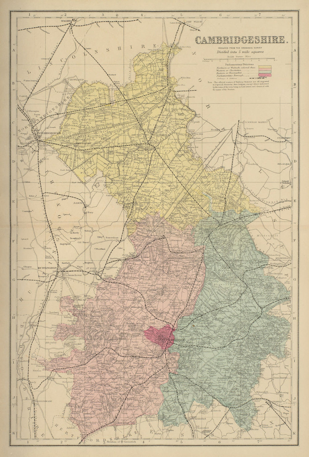 CAMBRIDGESHIRE antique county map by GW BACON 1885 old plan chart