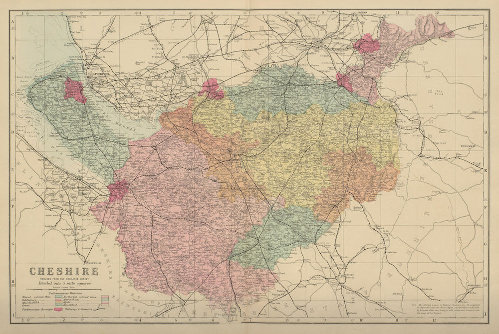 CHESHIRE antique county map by GW BACON 1885 old plan chart