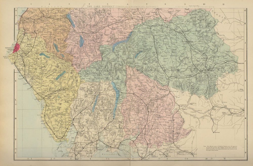 LAKE DISTRICT Cumbria & Westmorland (South sheet) County map GW BACON 1885