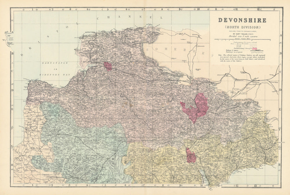 DEVON (North) antique county map by GW BACON 1885 old plan chart