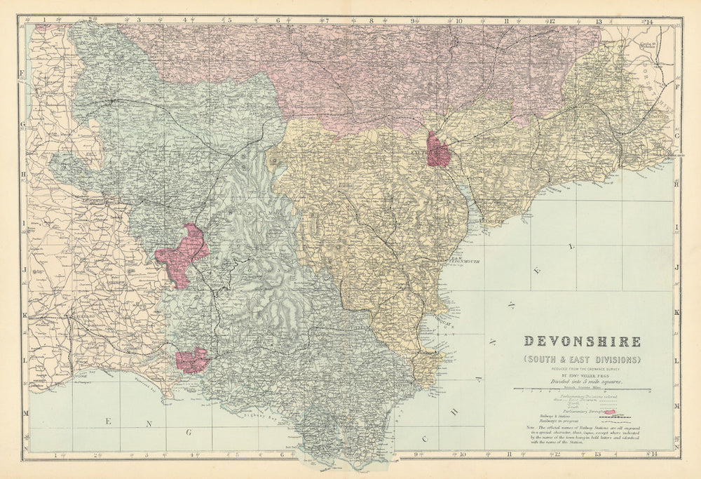 DEVON (SOUTH & EAST) antique county map by GW BACON 1885 old chart