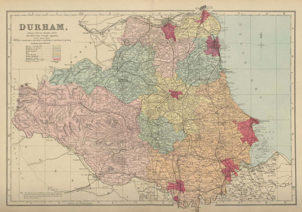 DURHAM antique county map by GW BACON 1885 old vintage plan chart