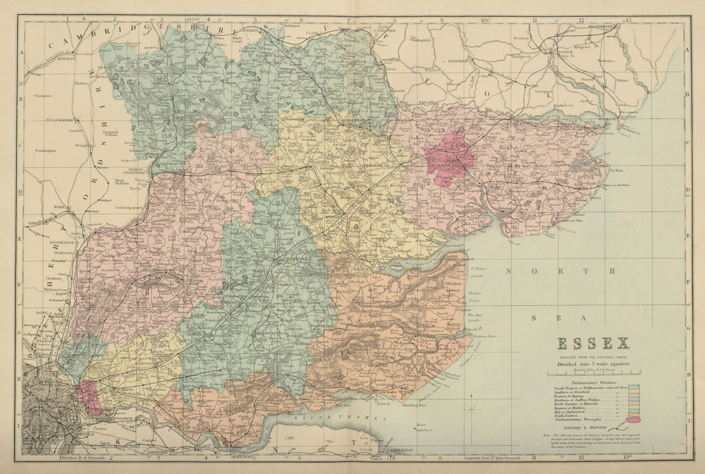 ESSEX antique county map by GW BACON 1885 old vintage plan chart