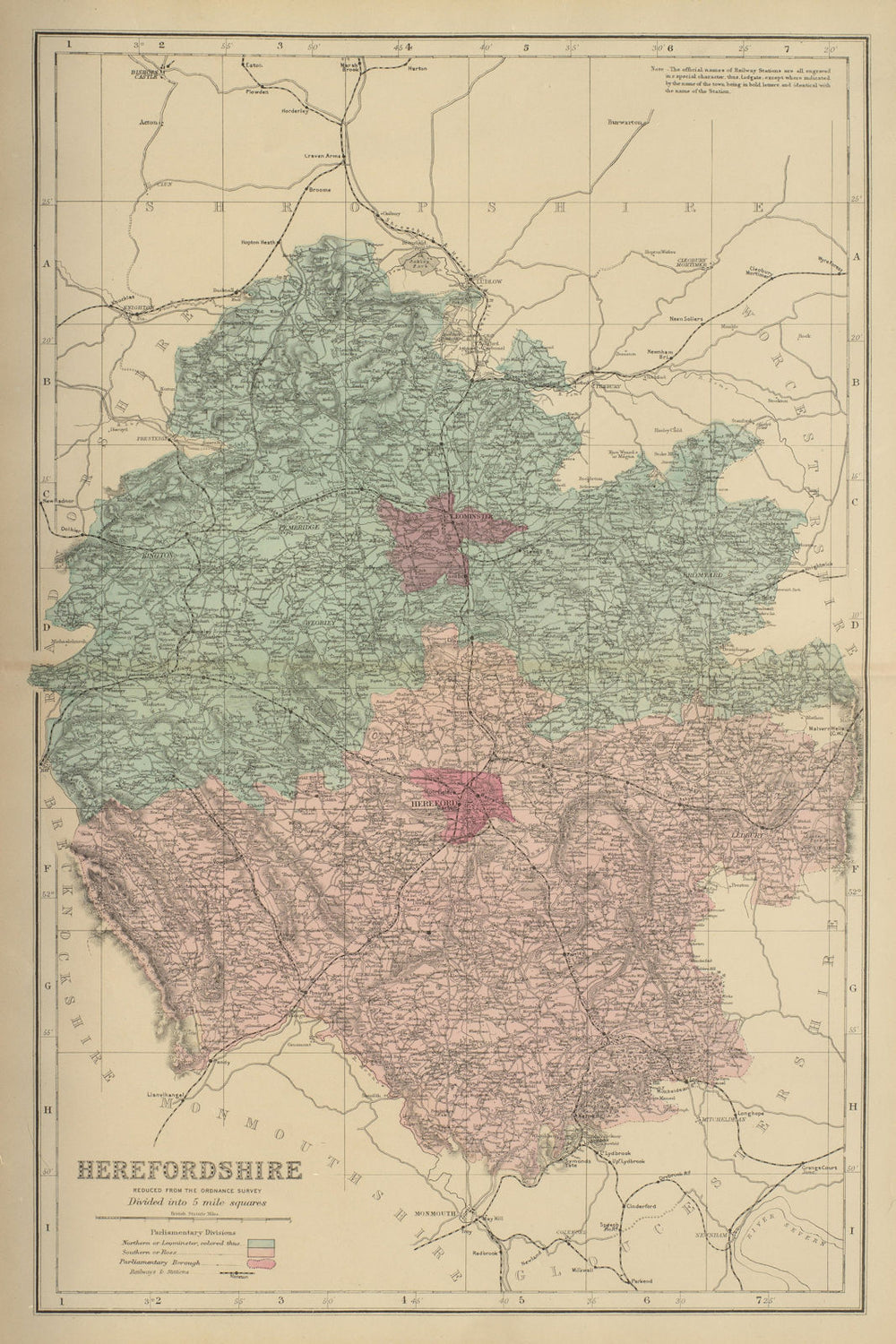 HEREFORDSHIRE antique county map by GW BACON 1885 old plan chart