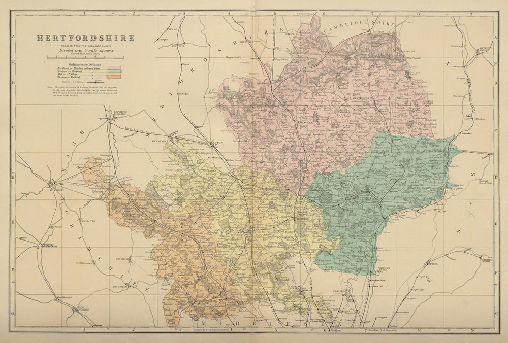 HERTFORDSHIRE antique county map by GW BACON 1885 old plan chart