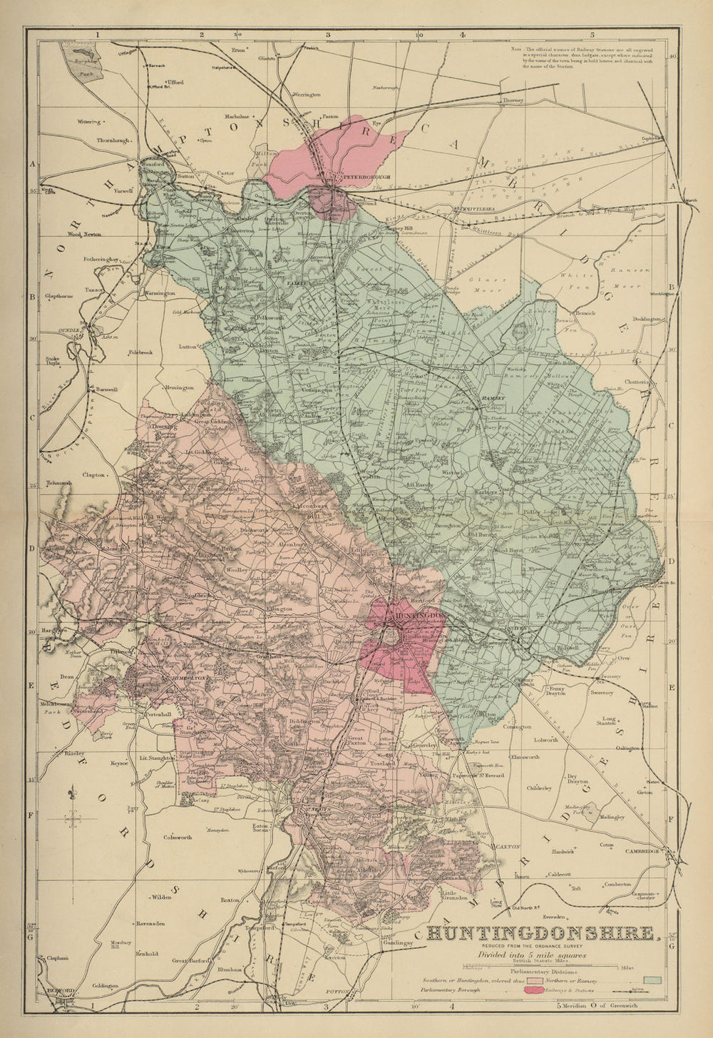 HUNTINGDONSHIRE antique county map by GW BACON 1885 old plan chart