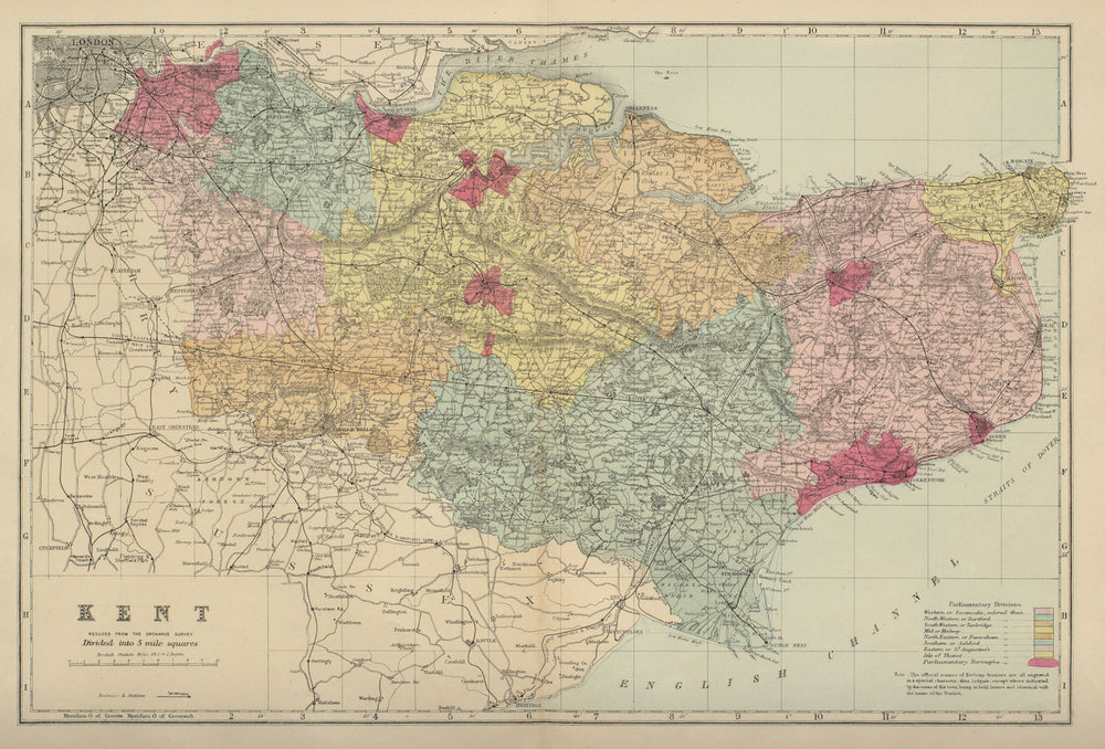 KENT antique county map by GW BACON 1885 old vintage plan chart