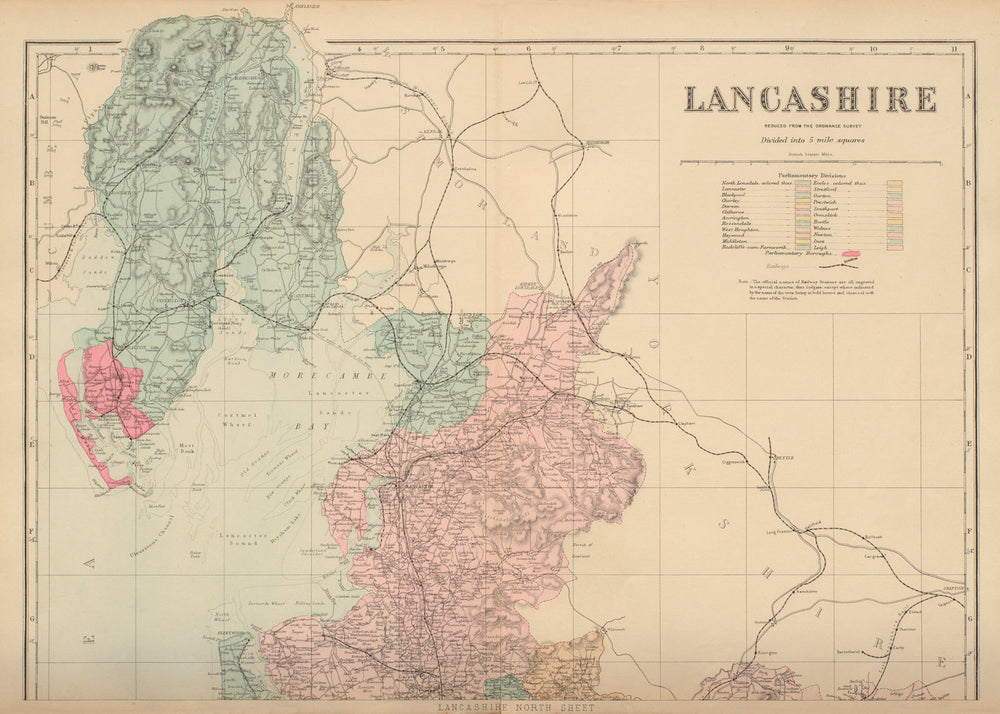 LANCASHIRE (North sheet) antique county map by GW BACON 1885 old