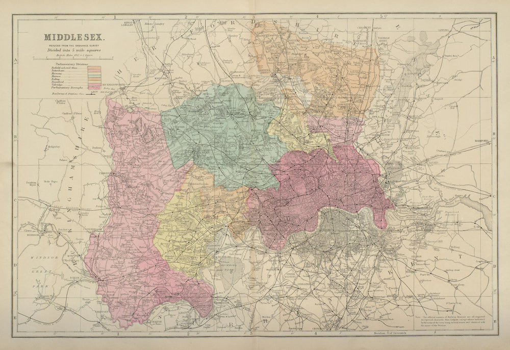 MIDDLESEX antique county map by GW BACON 1885 old plan chart