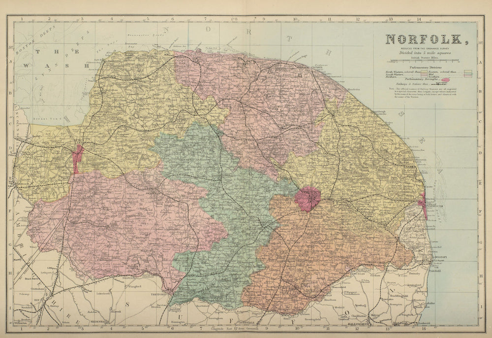 NORFOLK antique county map by GW BACON 1885 old vintage plan chart