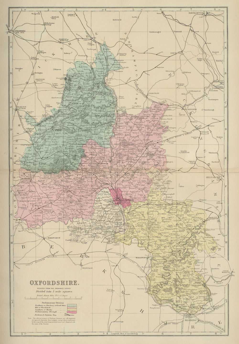 OXFORDSHIRE antique county map by GW BACON 1885 old plan chart