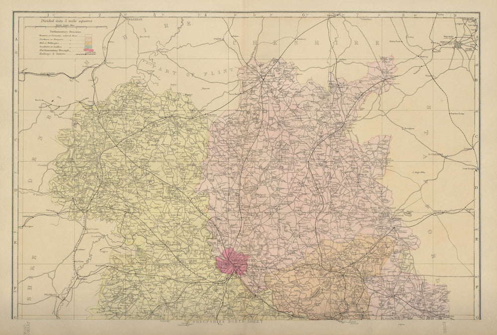 SHROPSHIRE (North) antique county map by GW BACON 1885 old chart