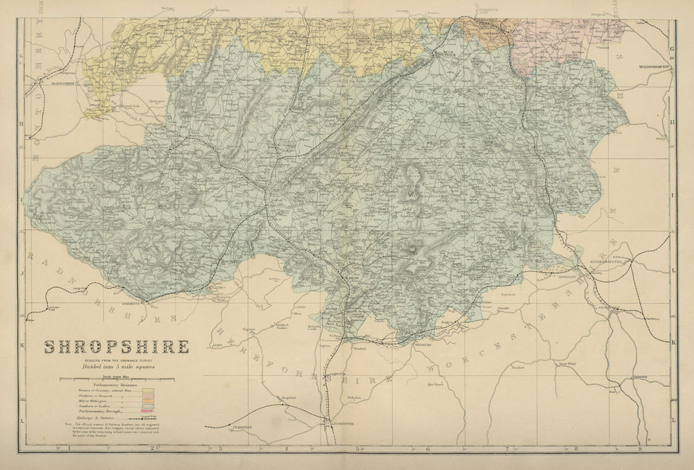 SHROPSHIRE (South) antique county map by GW BACON 1885 old chart