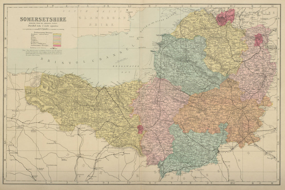 SOMERSETSHIRE Somerset antique county map by GW BACON 1885 old