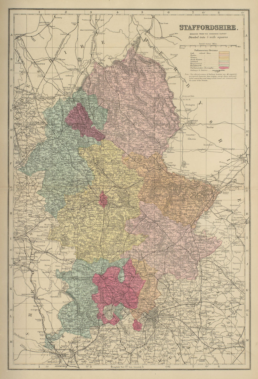 STAFFORDSHIRE antique county map by GW BACON 1885 old plan chart