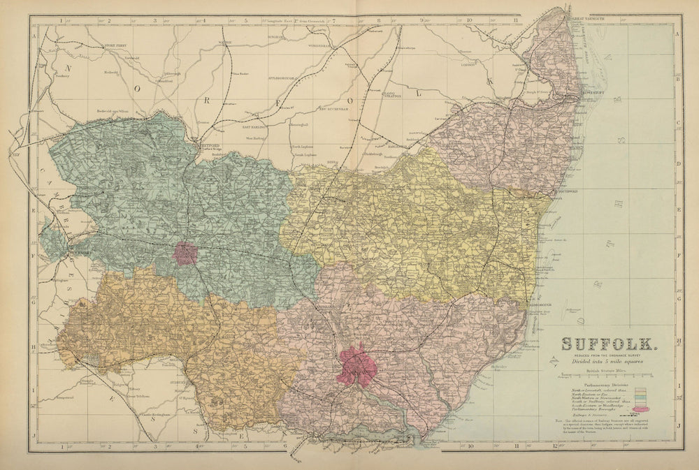SUFFOLK antique county map by GW BACON 1885 old vintage plan chart
