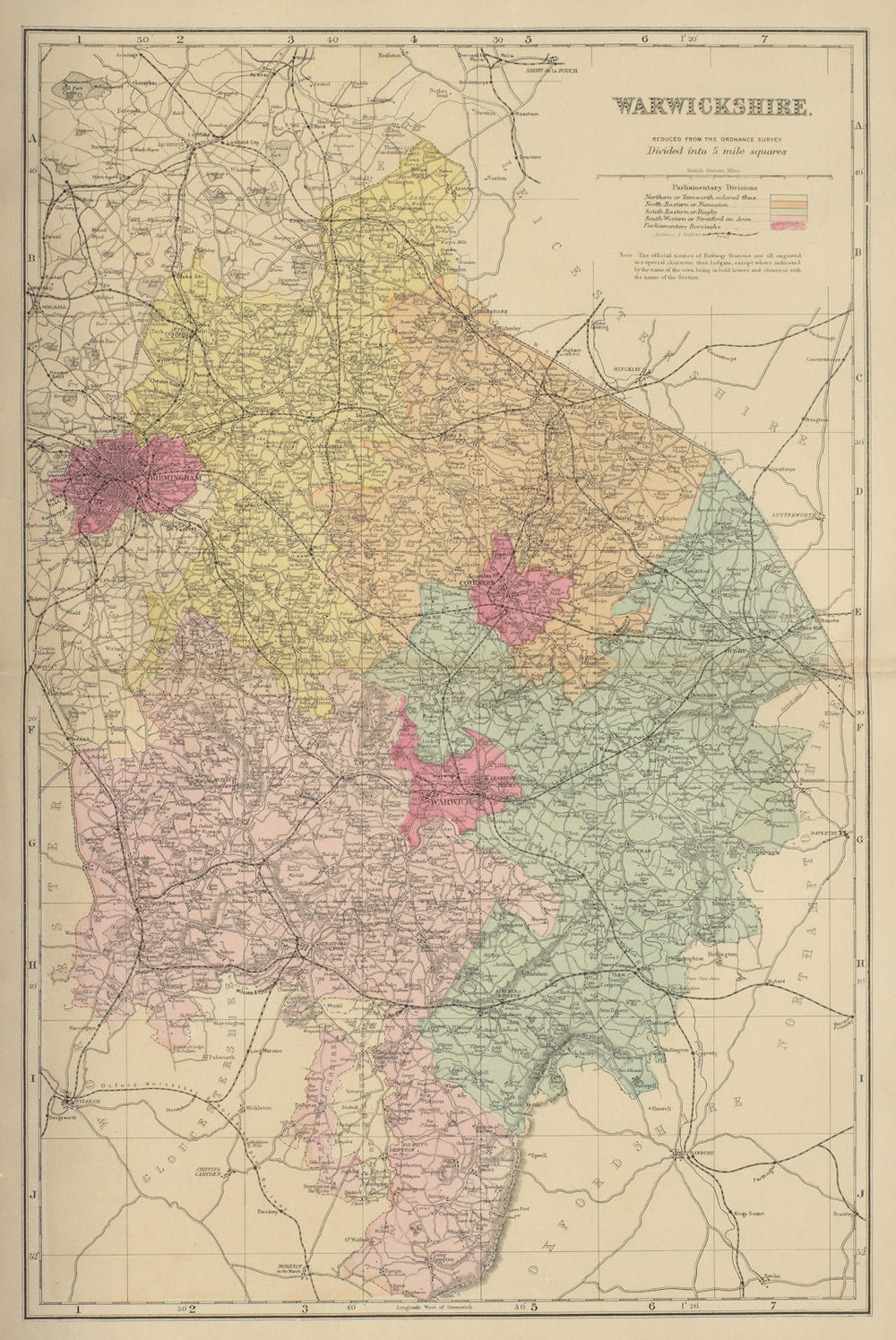 WARWICKSHIRE antique county map by GW BACON 1885 old plan chart