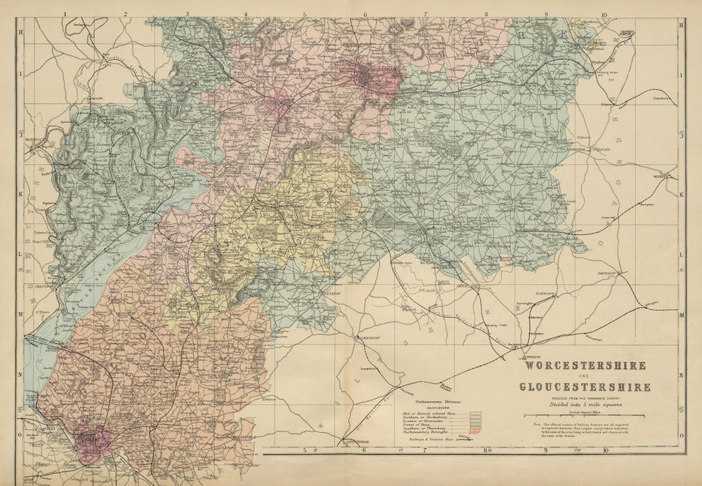 WORCESTERSHIRE & GLOUCESTERSHIRE (South) antique county map by GW BACON 1885