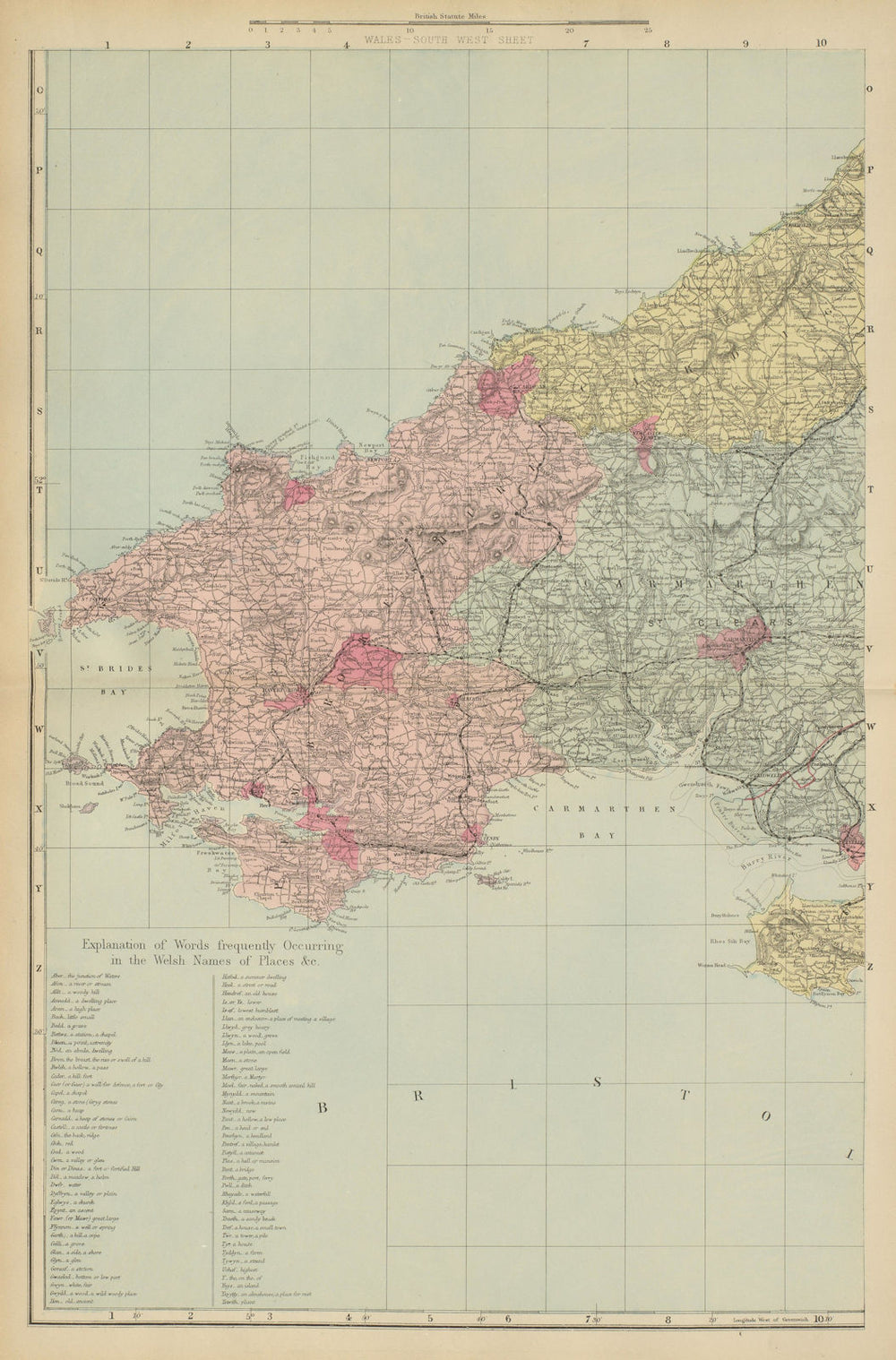 WALES (South West) Pembrokeshire Camarthenshire Dyfed GW BACON 1885 old map