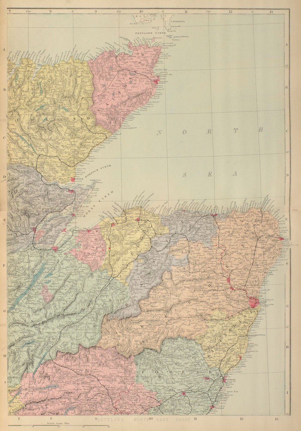 SCOTLAND (North East) Highlands Aberdeen Inverness Banff GW BACON 1885 old map