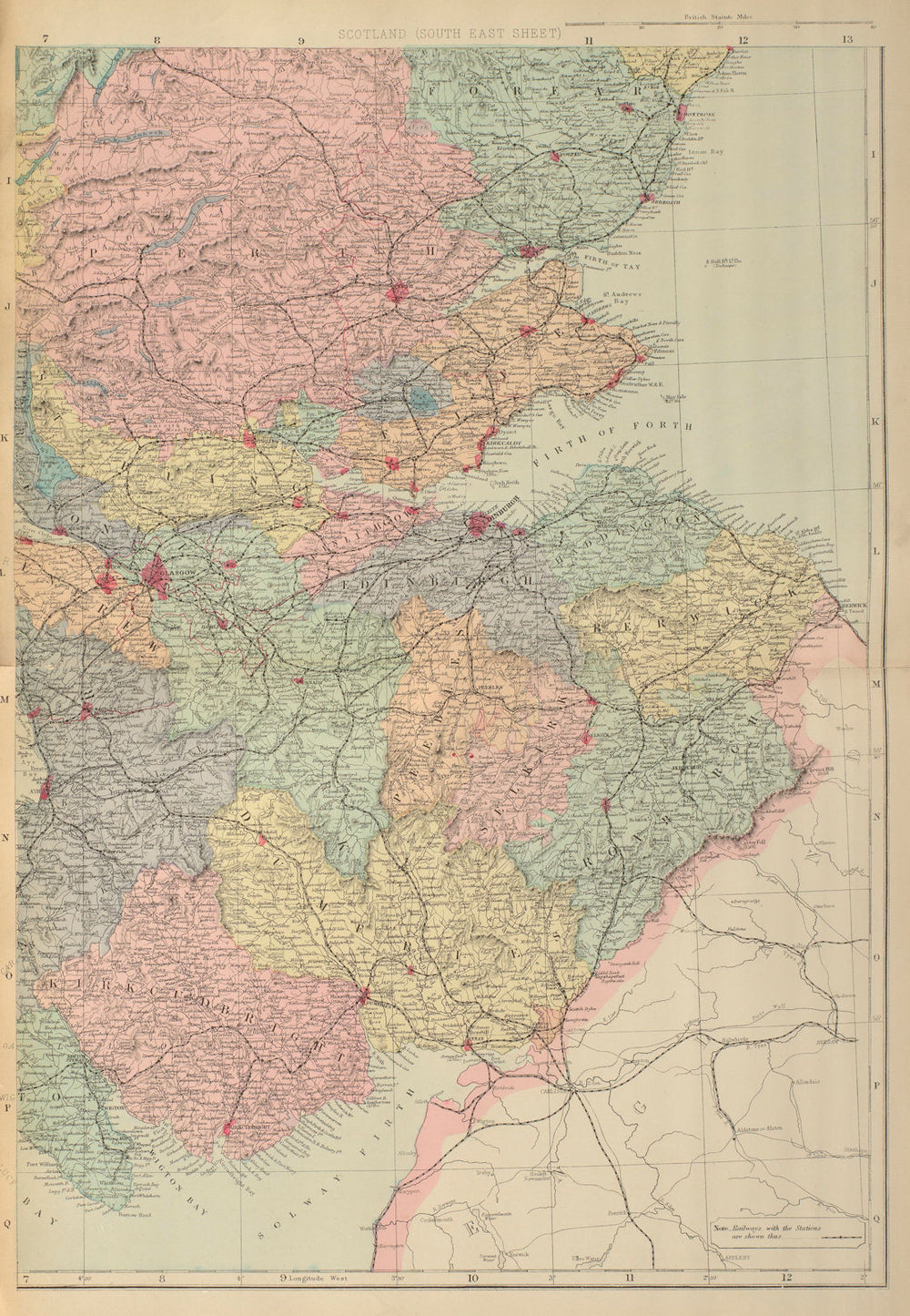 SCOTLAND (South East) Edinburgh Glasgow Perth Fife GW BACON 1885 old map