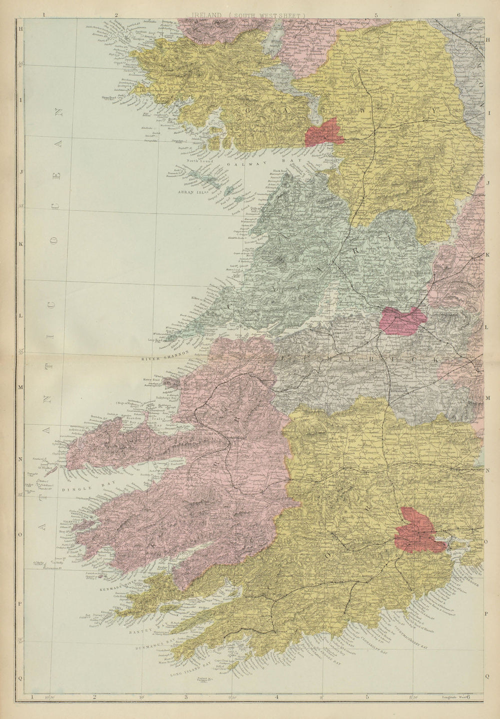 IRELAND (South West) Munster Cork Kerry Clare Limerick GW BACON 1885 old map