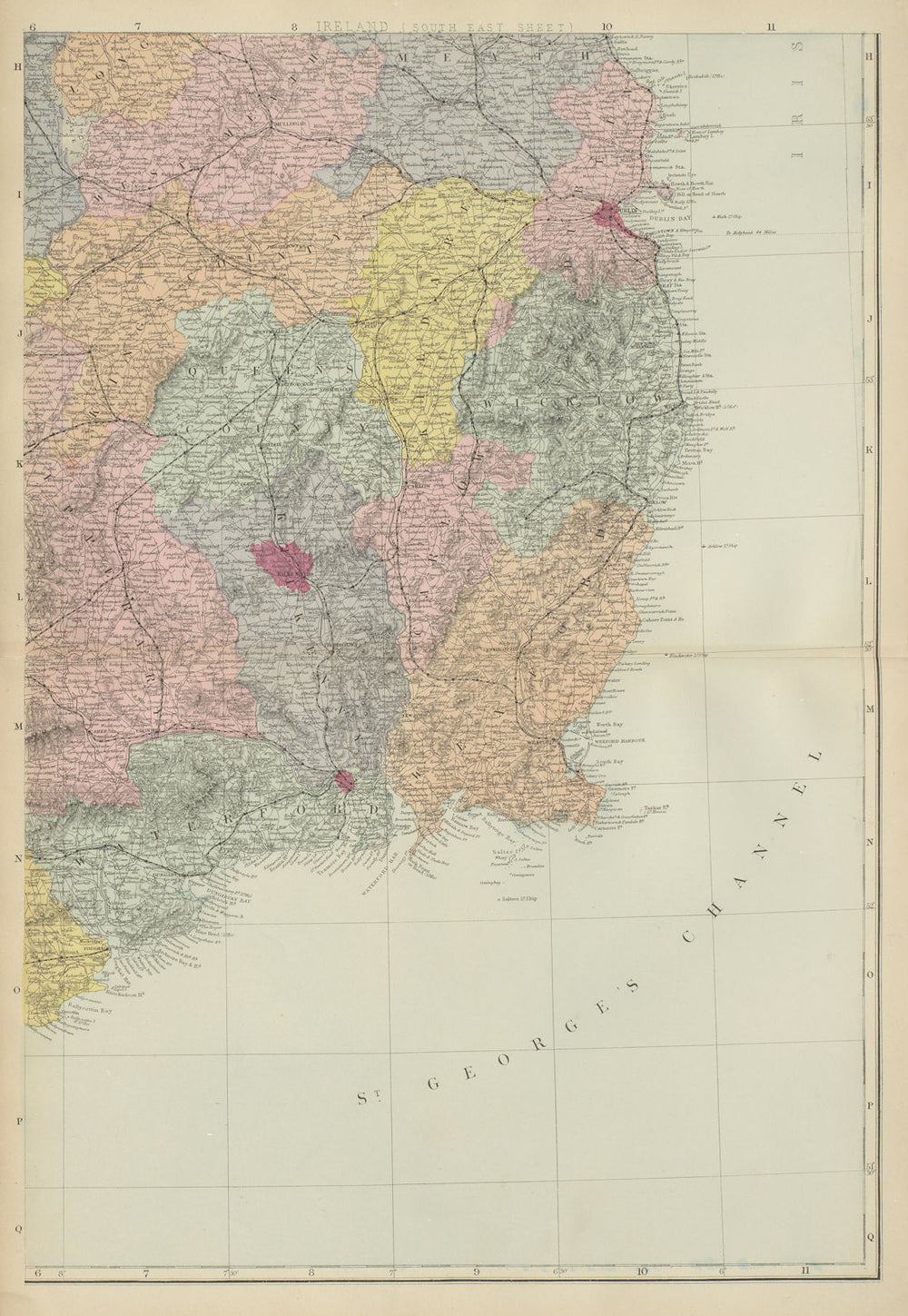IRELAND (South East) Leinster Dublin Wicklow Wexford GW BACON 1885 old map