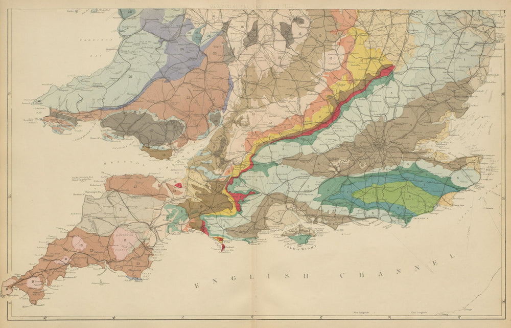 GEOLOGICAL ENGLAND & WALES (South sheet) antique map by GW BACON 1885 old
